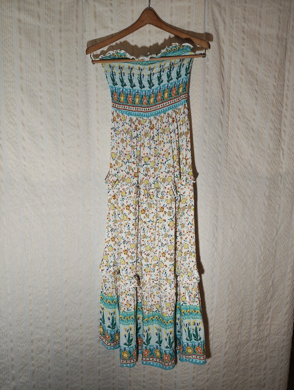Bohemian Strapless Floral Maxi Dress in Turquoise & White